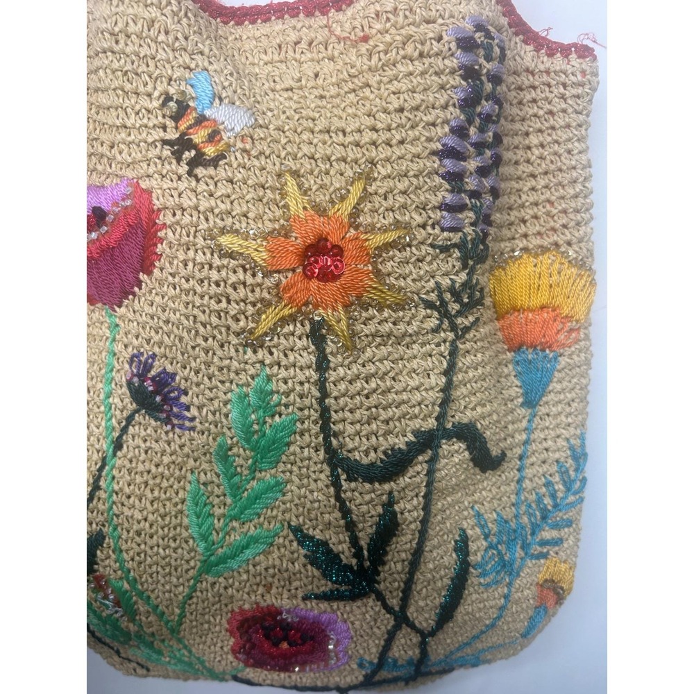 Petro Zillia Vintage Floral Embroidered Straw beaded Tote Bag Womens - Picture 6 of 14